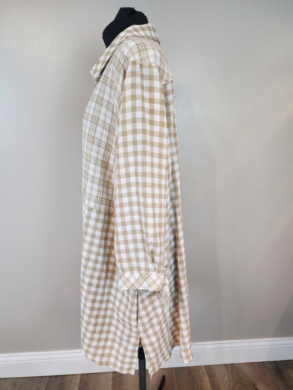 Susan Graver 2XL Yarn Dyed Gingham Button Front Shirt Tunic Raffia Tan Patchwork - Picture 2 of 12